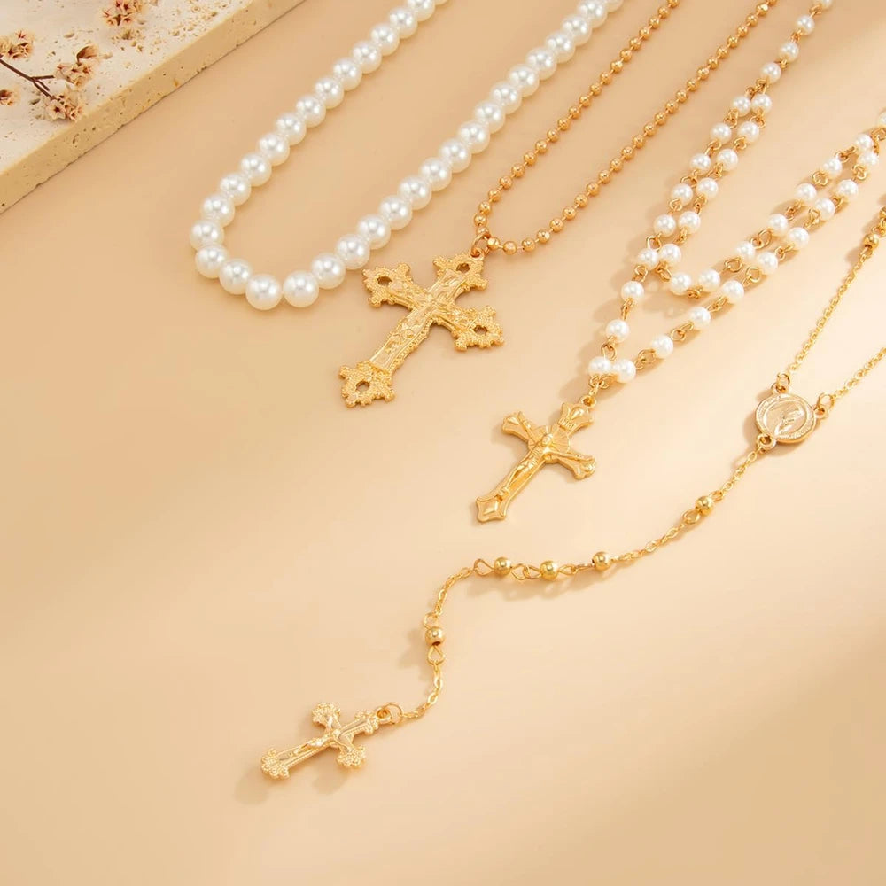 Layered Cross Necklace Set
