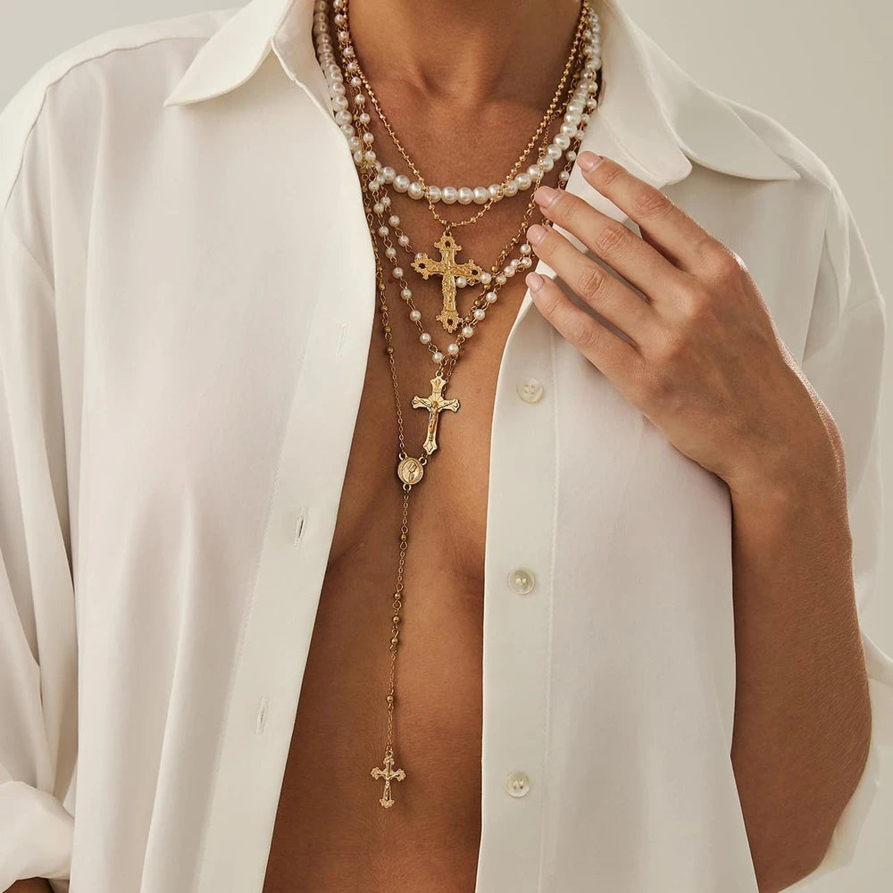Layered Cross Necklace Set
