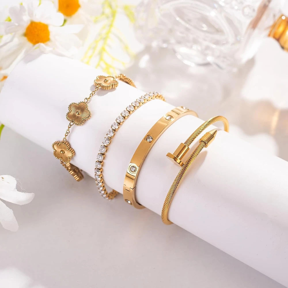 Gold Plated Floral Bangle Bracelet Set