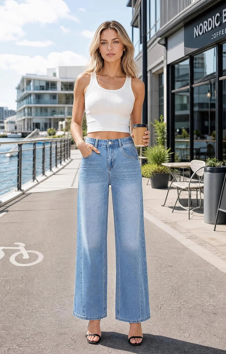 Stretchy High Waisted Wide Leg Jeans
