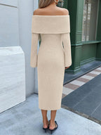Ribbed Knit Off The Shoulder Maxi Sweater Dress