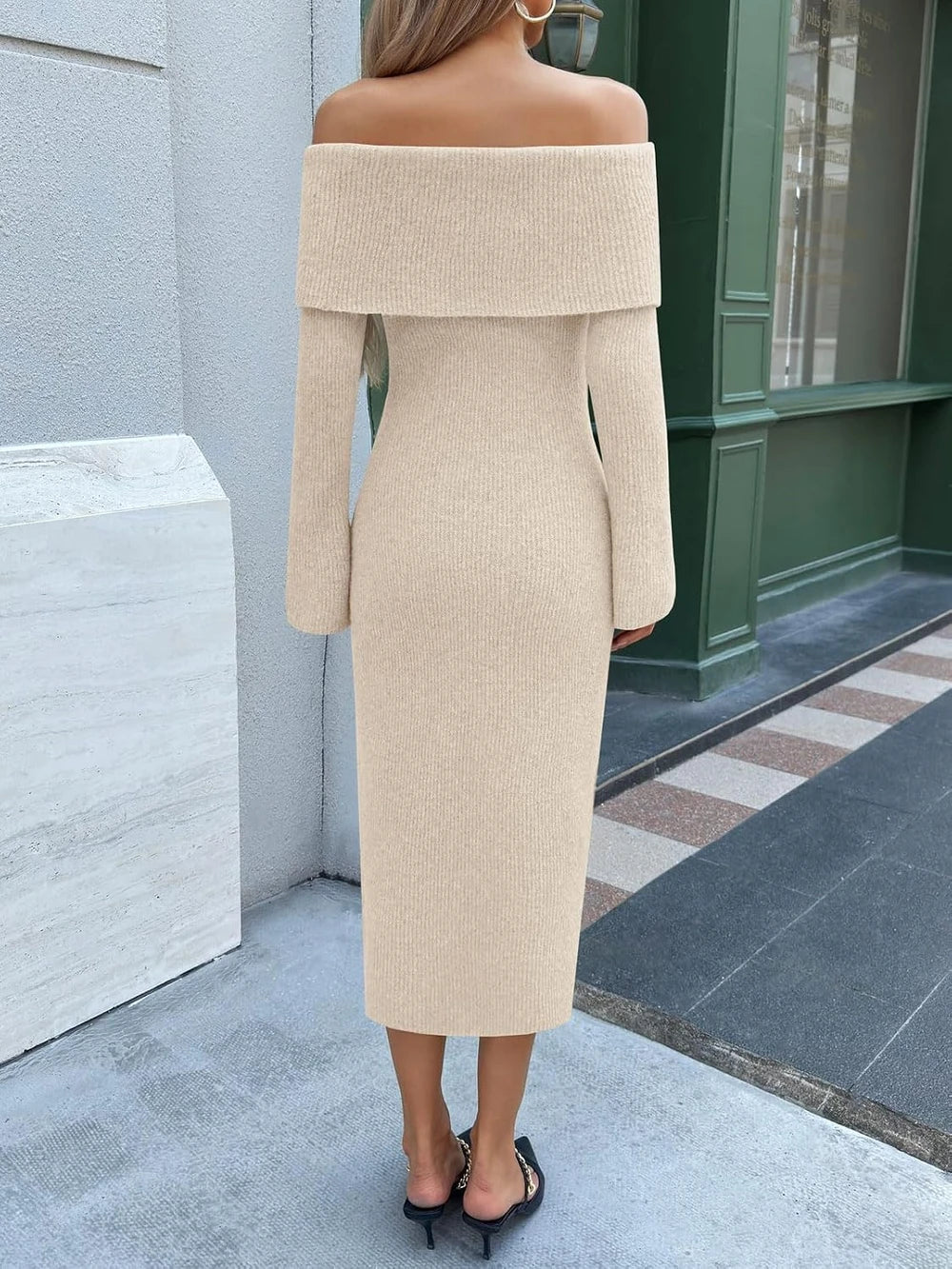 Ribbed Knit Off The Shoulder Maxi Sweater Dress