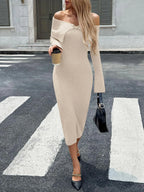 Ribbed Knit Off The Shoulder Maxi Sweater Dress