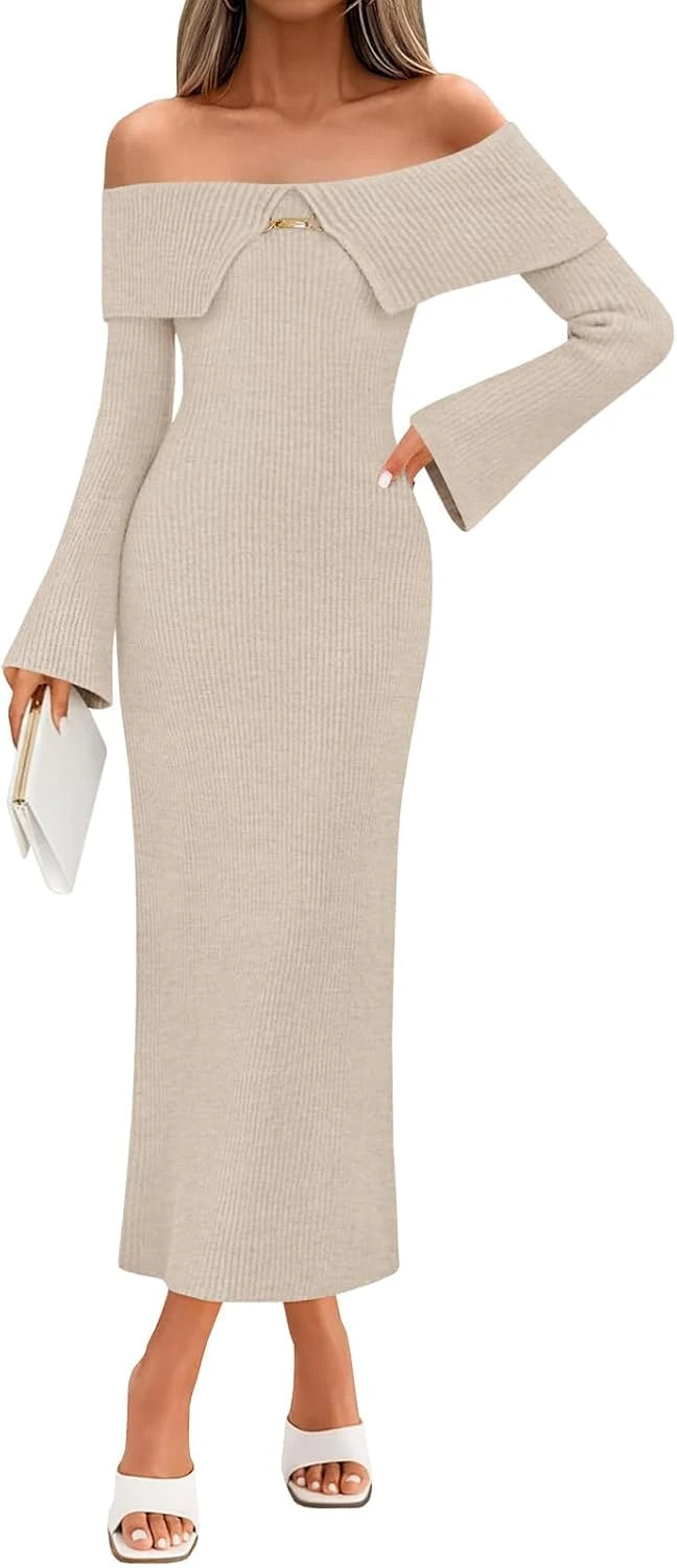 Ribbed Knit Off The Shoulder Maxi Sweater Dress