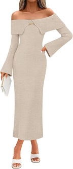 Ribbed Knit Off The Shoulder Maxi Sweater Dress
