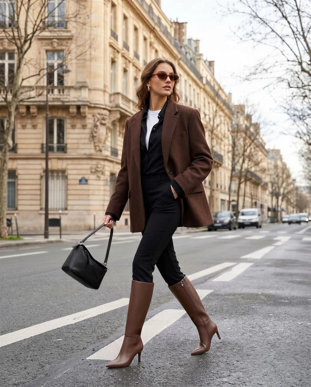 Faux Leather Pointed Toe Knee High Boots