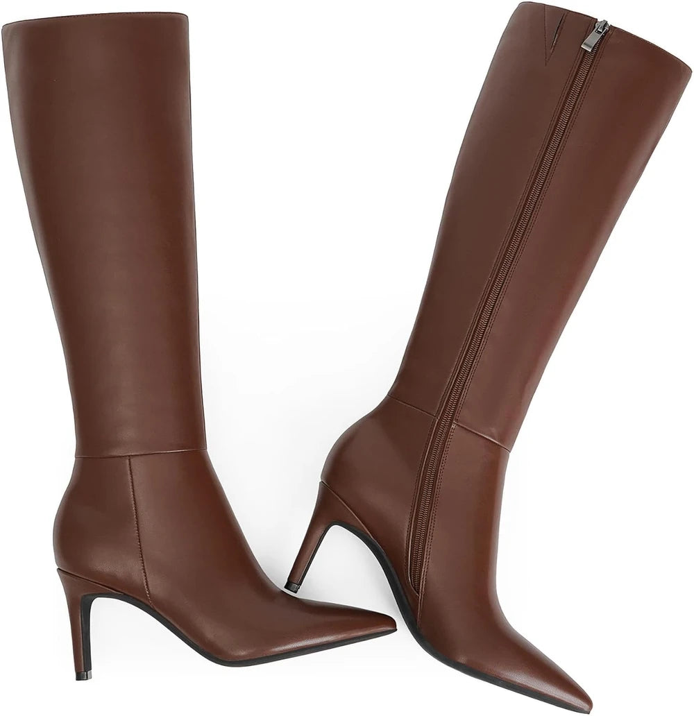 Faux Leather Pointed Toe Knee High Boots